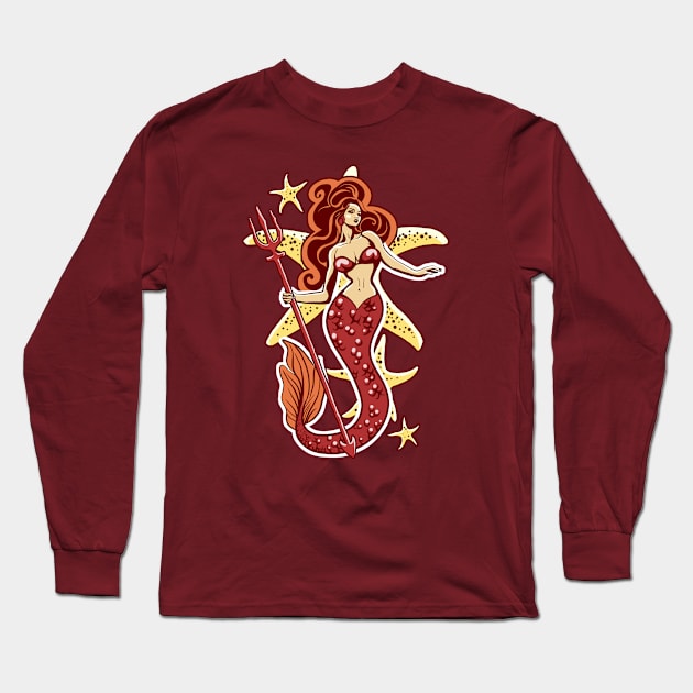 Retro Pin-Up Red Mermaid Long Sleeve T-Shirt by TMBTM